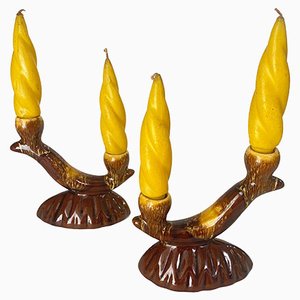 French Candleholder Ceramic with Yellow Candles, France, 1970s, Set of 4-UR-1724387