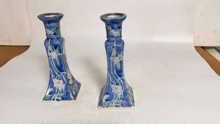 French Candleholder in Blue Ceramic, France, 1970s, Set of 2-UR-2035093