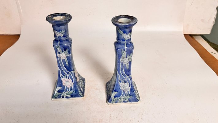 French Candleholder in Blue Ceramic, France, 1970s, Set of 2-UR-2035093