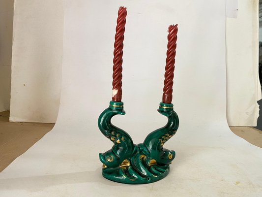 French Candleholder in Ceramic with Red Candles, France, 1970s, Set of 3-UR-1728451