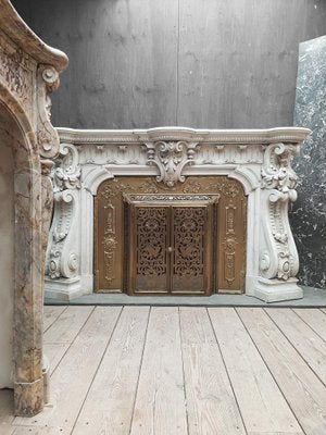 French Carved Marble Fireplace with Original Brass Insert, 1880-TDA-1376465