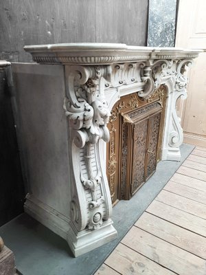 French Carved Marble Fireplace with Original Brass Insert, 1880-TDA-1376465