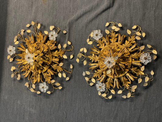 French Ceiling Lights in Floral Golden Metal and Crystals, 1950s, Set of 2-EH-1150949