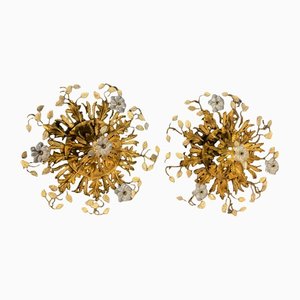 French Ceiling Lights in Floral Golden Metal and Crystals, 1950s, Set of 2-EH-1150949