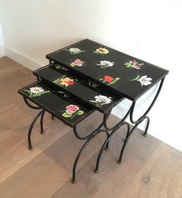 French Ceramic and Black Iron Nesting Tables, 1950s-BA-658622