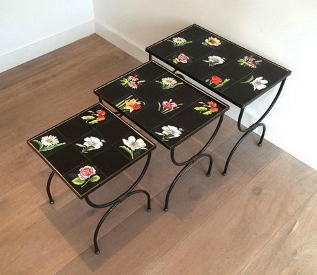 French Ceramic and Black Iron Nesting Tables, 1950s-BA-658622