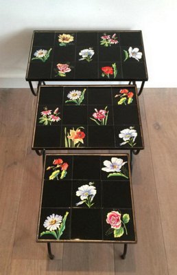 French Ceramic and Black Iron Nesting Tables, 1950s-BA-658622