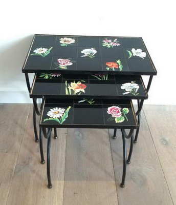 French Ceramic and Black Iron Nesting Tables, 1950s-BA-658622