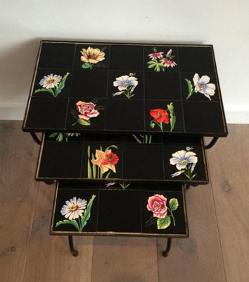 French Ceramic and Black Iron Nesting Tables, 1950s-BA-658622