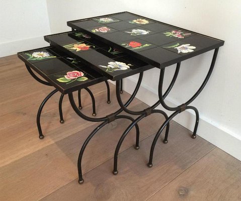 French Ceramic and Black Iron Nesting Tables, 1950s-BA-658622