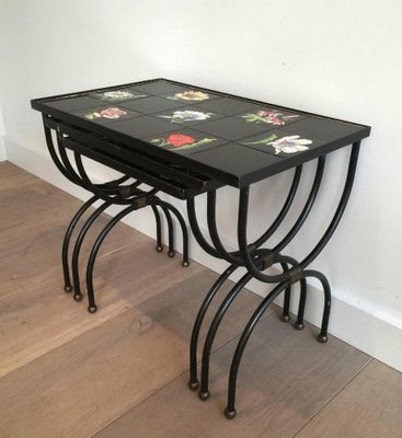 French Ceramic and Black Iron Nesting Tables, 1950s-BA-658622