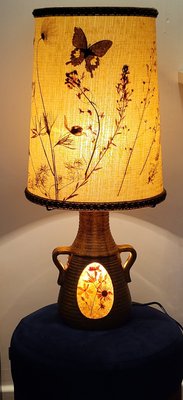 French Ceramic Lamp in Resin Plate with Herbarium and Butterfly Lampshade by Pelletier for Accolay, 1970s-QCI-1737235