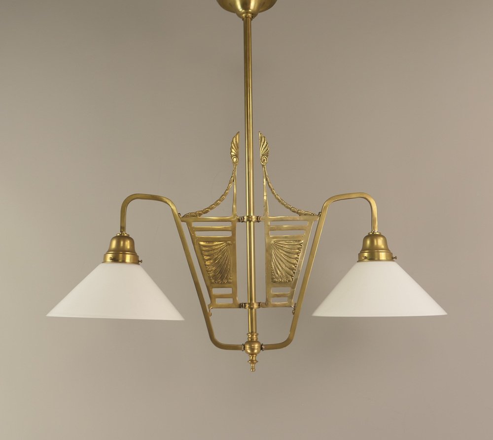 French Chandelier in Brass with Opal Glass Shade, 1890s