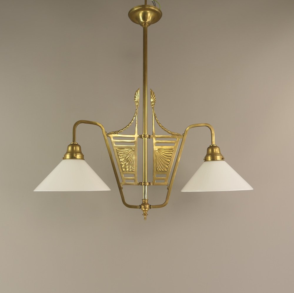 French Chandelier in Brass with Opal Glass Shade, 1890s