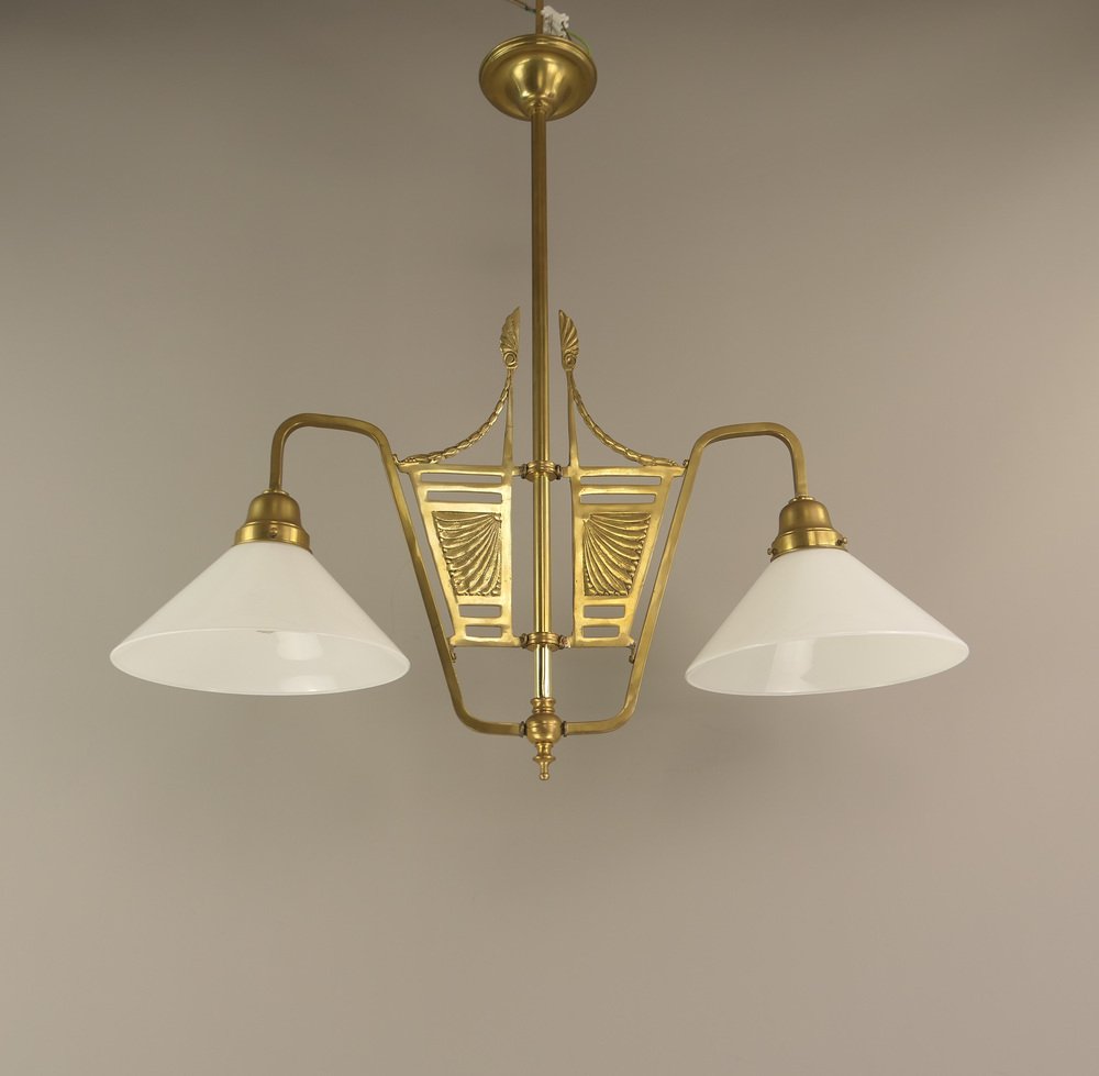 French Chandelier in Brass with Opal Glass Shade, 1890s