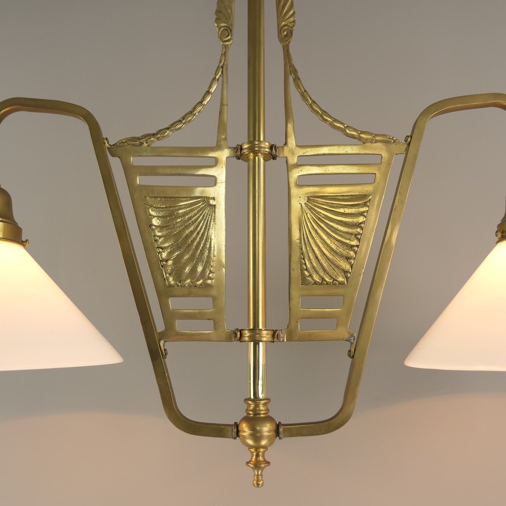 French Chandelier in Brass with Opal Glass Shade, 1890s