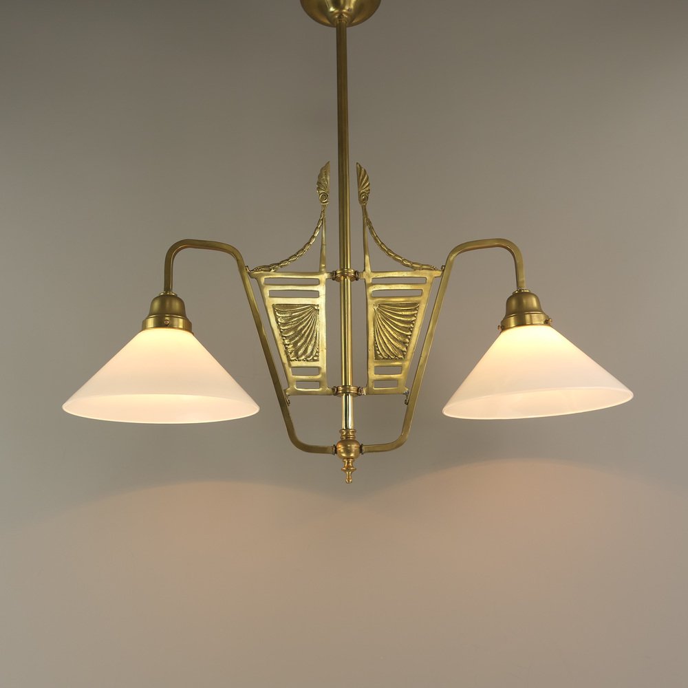 French Chandelier in Brass with Opal Glass Shade, 1890s