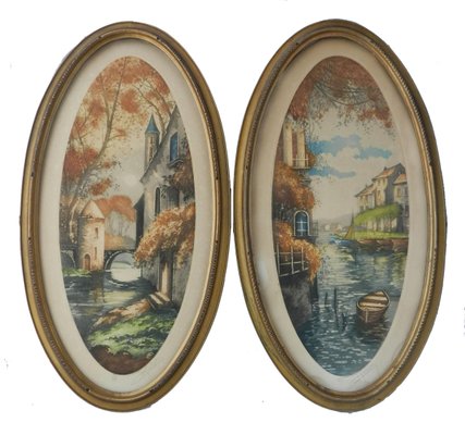 French Chateau Landscape Lithographs, 1920s, Set of 2-ARU-797949