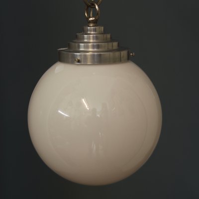 French Chromed Metal and Opaline Glass Pendant Lamp, 1940s-SY-1005406