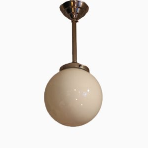 French Chromed Metal and Opaline Glass Pendant Lamp, 1940s-SY-840902