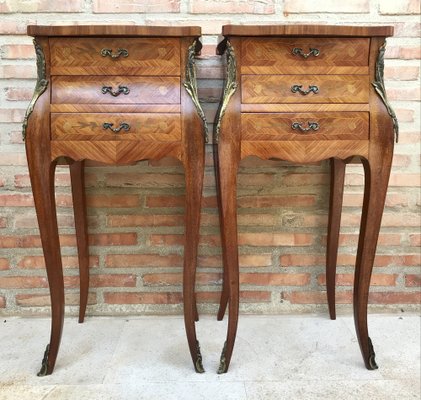 French Classic Louis VX style Marquetry Nightstands with Three Drawers, 1920s, Set of 2-NOU-1368517