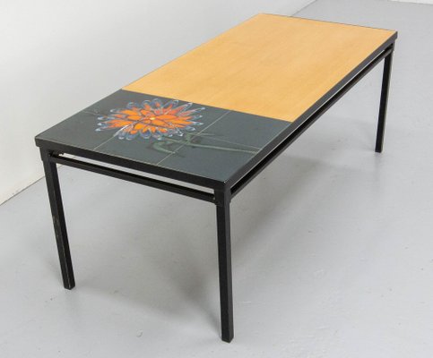 French Coffee Table in Glazed Vallauris Ceramic, Poplar and Iron, 1970s-RIU-1800664