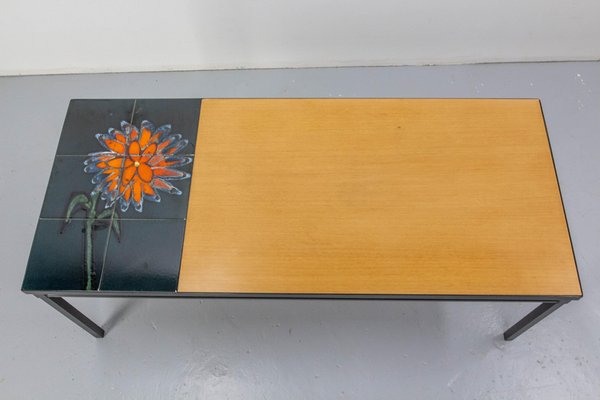 French Coffee Table in Glazed Vallauris Ceramic, Poplar and Iron, 1970s-RIU-1800664