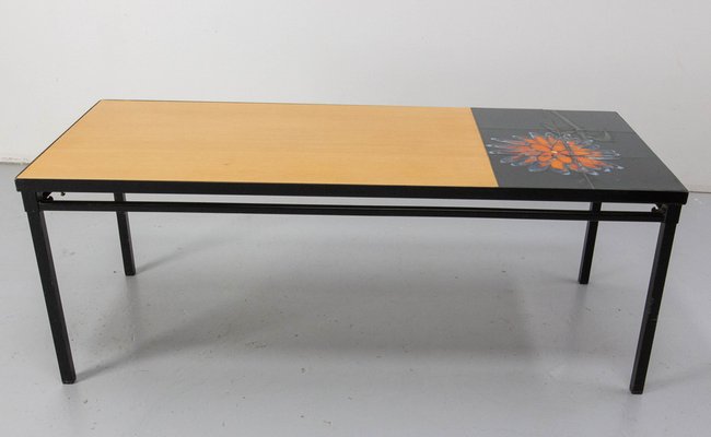 French Coffee Table in Glazed Vallauris Ceramic, Poplar and Iron, 1970s-RIU-1800664