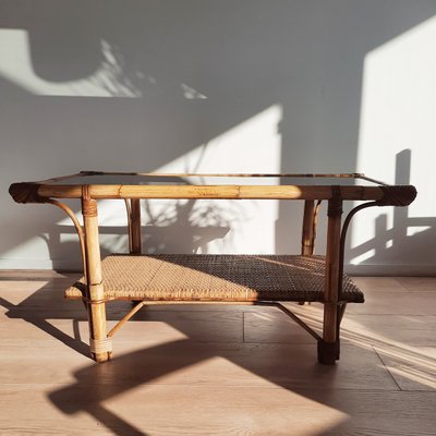 French Coffee Table in Rattan with Smoked Glass, 1970s-SJU-1391244