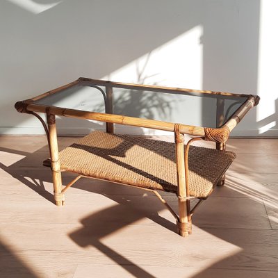 French Coffee Table in Rattan with Smoked Glass, 1970s-SJU-1391244