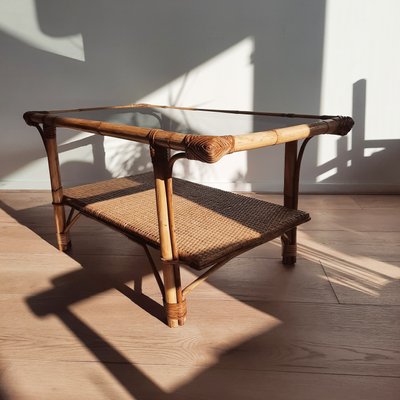 French Coffee Table in Rattan with Smoked Glass, 1970s-SJU-1391244