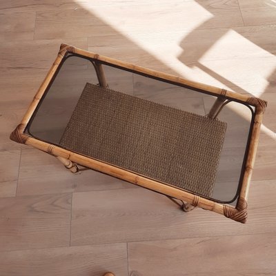 French Coffee Table in Rattan with Smoked Glass, 1970s-SJU-1391244