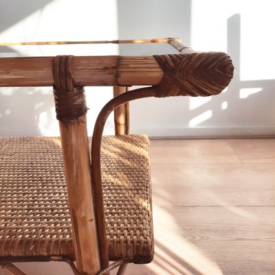 French Coffee Table in Rattan with Smoked Glass, 1970s-SJU-1391244