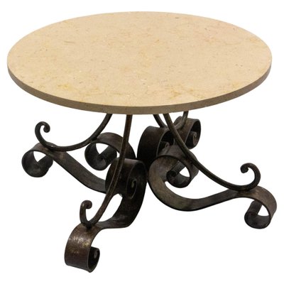 French Coffee Table in Wrought Iron with Travertine Top, 1960-RIU-1776398