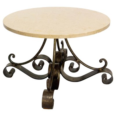 French Coffee Table in Wrought Iron with Travertine Top, 1960-RIU-1776398