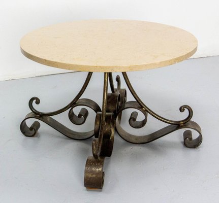 French Coffee Table in Wrought Iron with Travertine Top, 1960-RIU-1776398