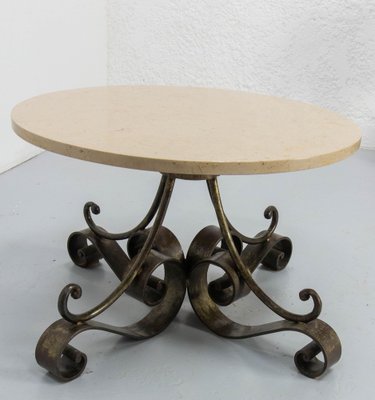 French Coffee Table in Wrought Iron with Travertine Top, 1960-RIU-1776398