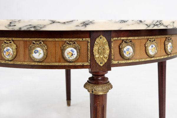 French Coffee Table with Pink Marble Top and Limoges Plaques, 1950s-YSY-2024517