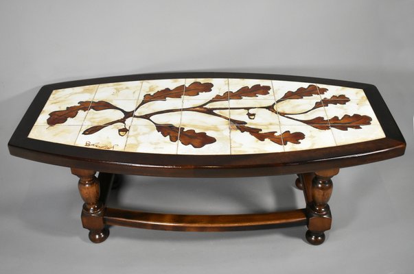 French Coffee Table with Tiled Signed Top, 1970s-CTD-1805221