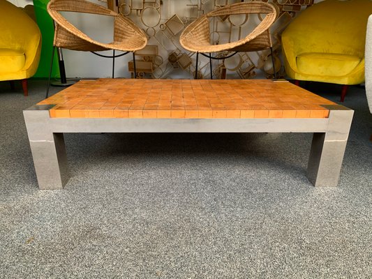 French Coffee Table with Wooden Cube and Metal Chrome, 1970s-FUE-823200