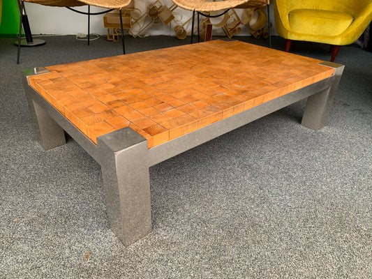 French Coffee Table with Wooden Cube and Metal Chrome, 1970s-FUE-823200