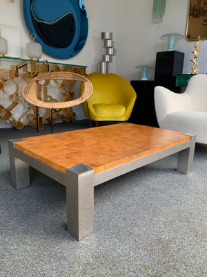 French Coffee Table with Wooden Cube and Metal Chrome, 1970s-FUE-823200