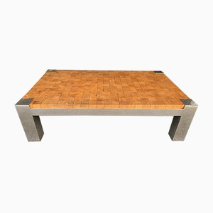 French Coffee Table with Wooden Cube and Metal Chrome, 1970s-FUE-823200