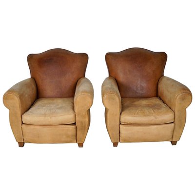 French Cognac Moustache Back Leather Club Chairs, 1940s, Set of 2-XO-1776400