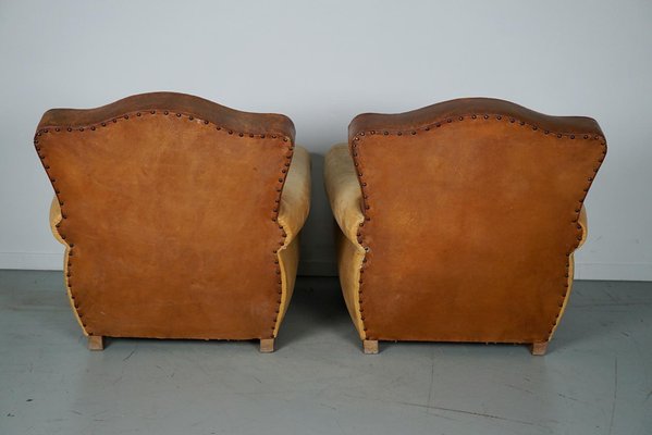 French Cognac Moustache Back Leather Club Chairs, 1940s, Set of 2-XO-1776400