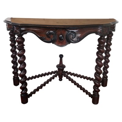 French Console Table in Carved Oak with Beveled Top & Barley Twist Legs-EUP-1188344