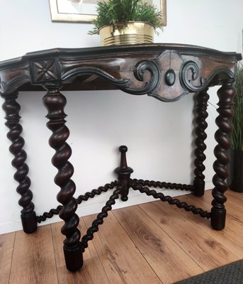 French Console Table in Carved Oak with Beveled Top & Barley Twist Legs-EUP-1188344