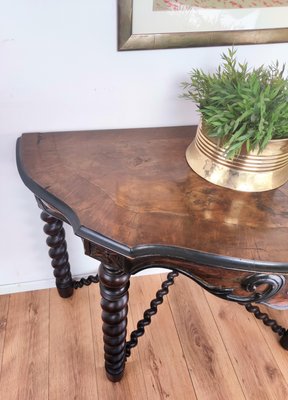 French Console Table in Carved Oak with Beveled Top & Barley Twist Legs-EUP-1188344