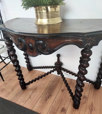 French Console Table in Carved Oak with Beveled Top & Barley Twist Legs-EUP-1188344