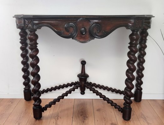 French Console Table in Carved Oak with Beveled Top & Barley Twist Legs-EUP-1188344